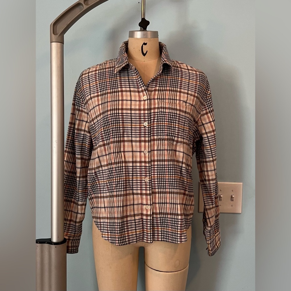 NWOT Madewell Plaid Button-Up Shirt - Medium only- Orange, Black, Ivory